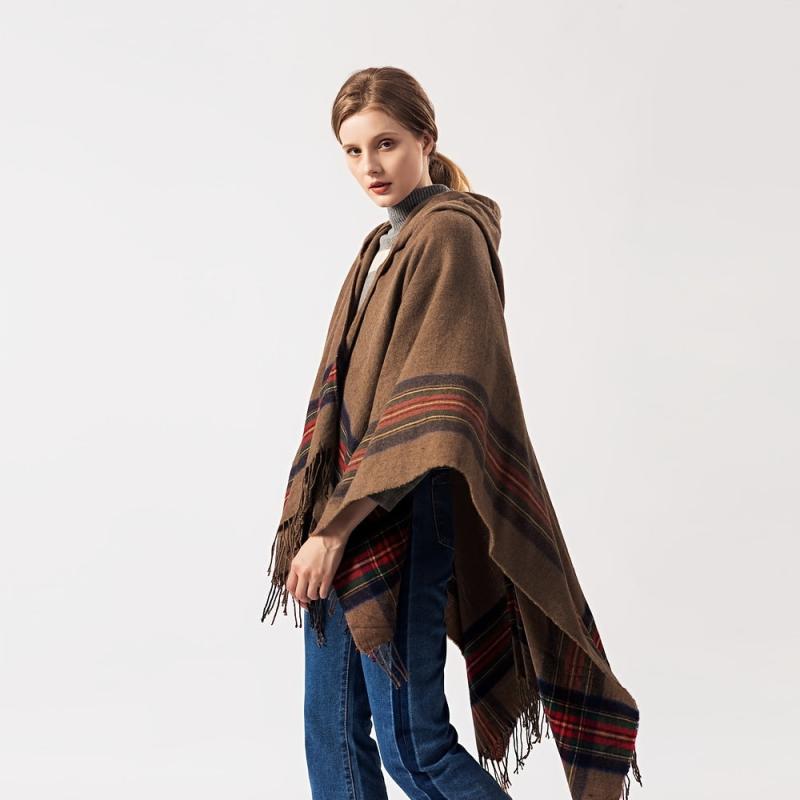 Vintage Jacquard Shawl Hooded Cloak Tassel Cape Womens Wrap Cardigan
