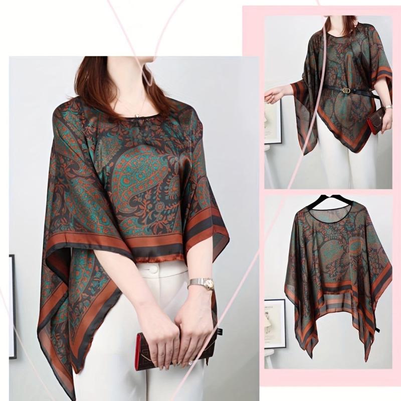Paisley Print Shawl & Orange Silk Loose Pullover Cape