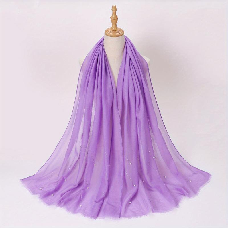 Rhinestone Faux Pearl Decor Scarf Hijab Solid Frayed Edge Shawl