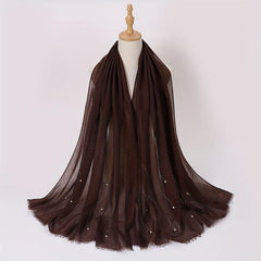 Rhinestone Faux Pearl Decor Scarf Hijab Solid Frayed Edge Shawl
