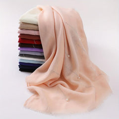 Rhinestone Faux Pearl Decor Scarf Hijab Solid Frayed Edge Shawl