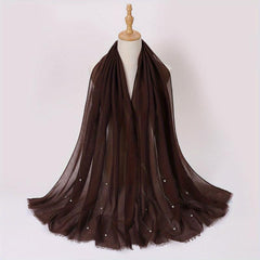 Rhinestone Faux Pearl Decor Scarf Hijab Solid Frayed Edge Shawl