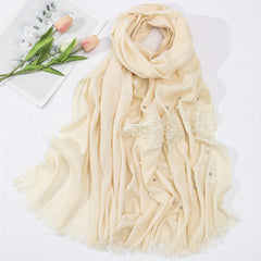 Fringed Lace Pearl Soft Shawl Sunscreen Wrap Casual Travel Scarf