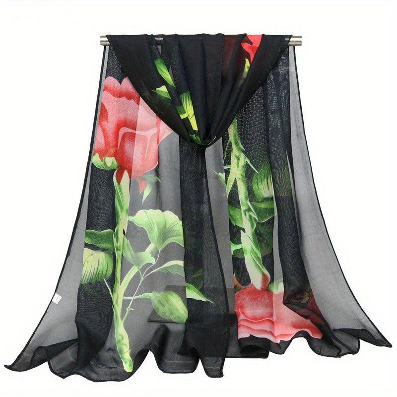 Rose Printed Chiffon Silky Scarf Long Shawl Beach Scarf