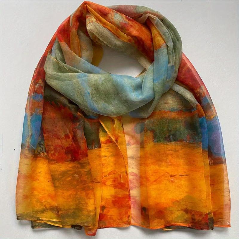 Yellow Green Gradient Chiffon Scarf Classic Landscape Print Beach Towel