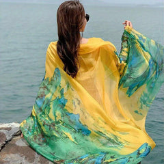 Yellow Green Gradient Chiffon Scarf Classic Landscape Print Beach Towel