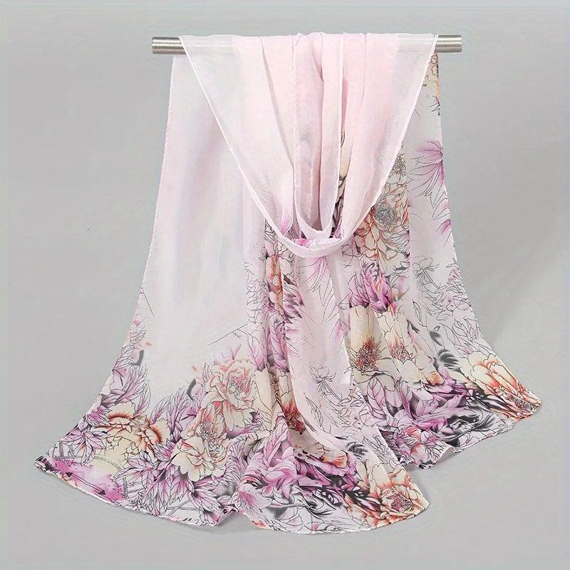 Peony Print Chiffon Scarf Gradient Silk Thin Shawl Hijab