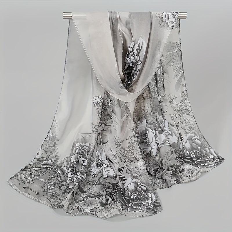 Peony Print Chiffon Scarf Gradient Silk Thin Shawl Hijab