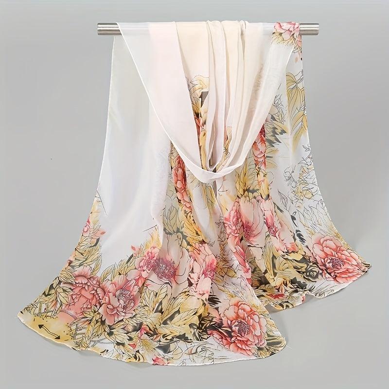 Peony Print Chiffon Scarf Gradient Silk Thin Shawl Hijab