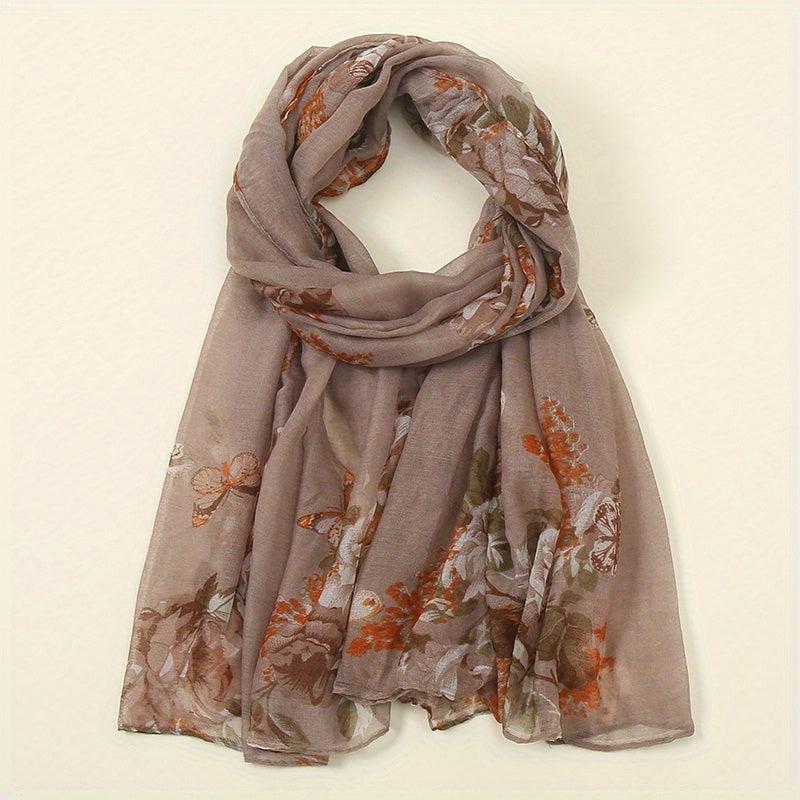 Vintage Flower Print Voile Scarf Butterfly Plants Windproof Shawl