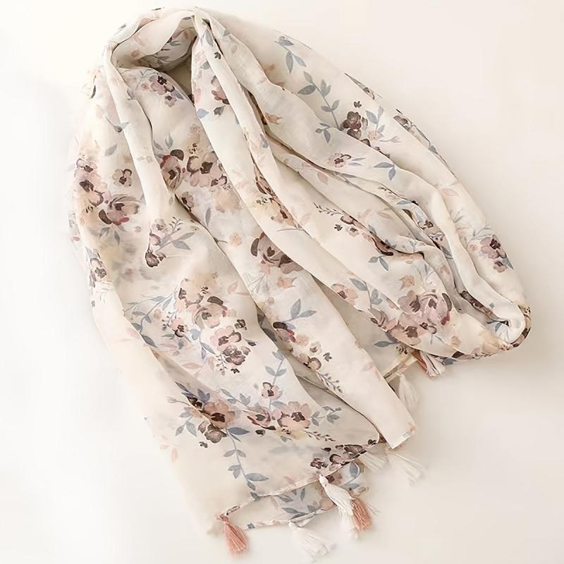 Beige Floral Print Scarf Tassel Shawl Women Outdoor Sunscreen Head Wrap