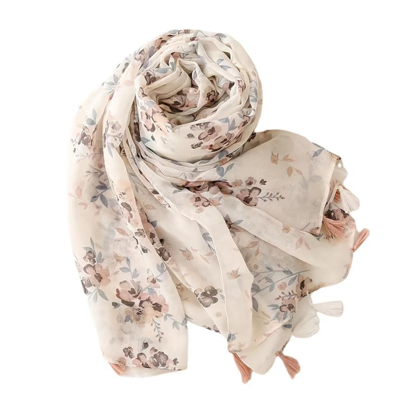 Beige Floral Print Scarf Tassel Shawl Women Outdoor Sunscreen Head Wrap