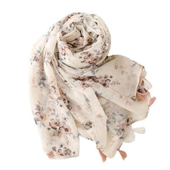 Beige Floral Print Scarf Tassel Shawl Women Outdoor Sunscreen Head Wrap