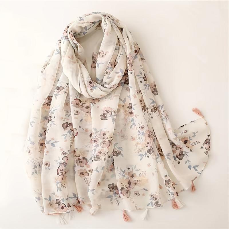 Beige Floral Print Scarf Tassel Shawl Women Outdoor Sunscreen Head Wrap