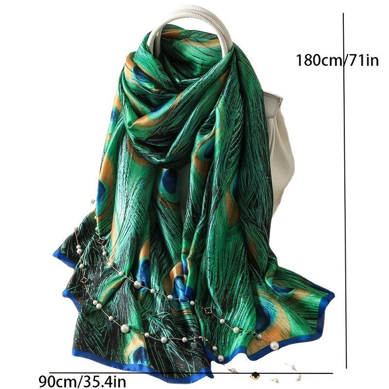 Green Peacock Feather Print Scarf Boho Vintage Shawl Women Casual