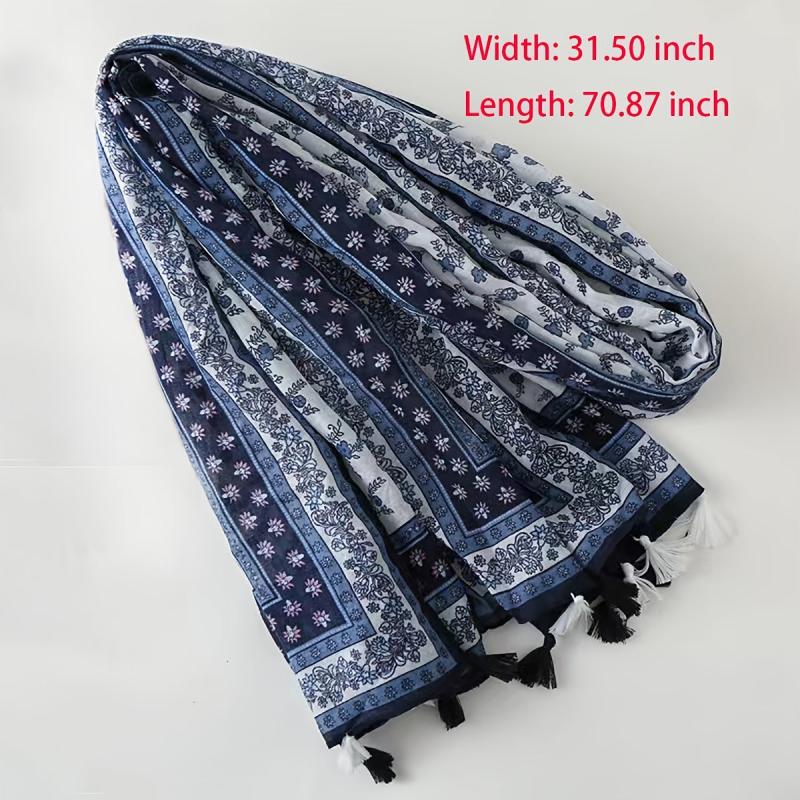 Navy Floral Print Scarf Tassel Shawl Breathable Outdoor Beach Travel