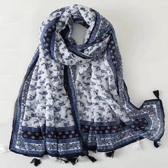 Navy Floral Print Scarf Tassel Shawl Breathable Outdoor Beach Travel
