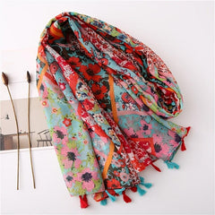 Geometric Tassel Turban Scarf Lightweight Floral Printed Scarf
