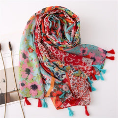 Geometric Tassel Turban Scarf Lightweight Floral Printed Scarf