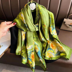 Lotus Print Scarf Vintage Satin Shawl Sunscreen Windproof Head Wrap