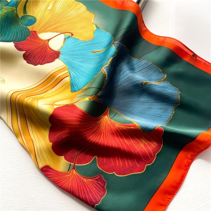 Colorful Ginkgo Leaf Print Silk Scarf Shawl for Women