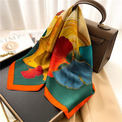 Colorful Ginkgo Leaf Print Silk Scarf Shawl for Women