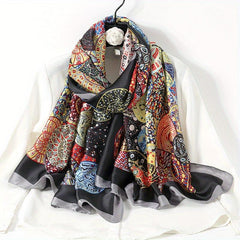 Vintage Geometric Circle Print Scarf Satin Headscarf Women Travel Wrap