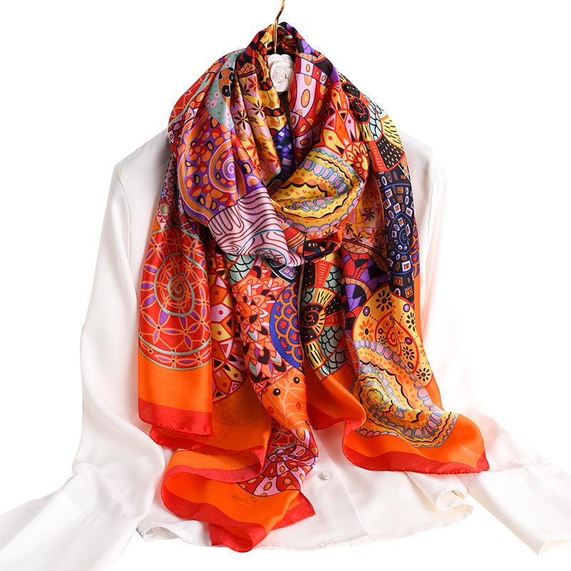 Vintage Geometric Circle Print Scarf Satin Headscarf Women Travel Wrap