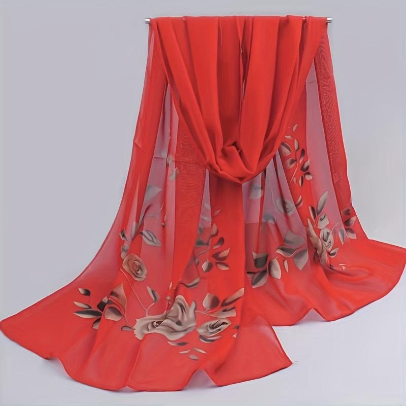 Rose Print Chiffon Scarf Silk Shawl Sunscreen Head Wrap