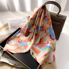 Flower Print Square Scarf Oil Painting Satin Bandana Neckerchief