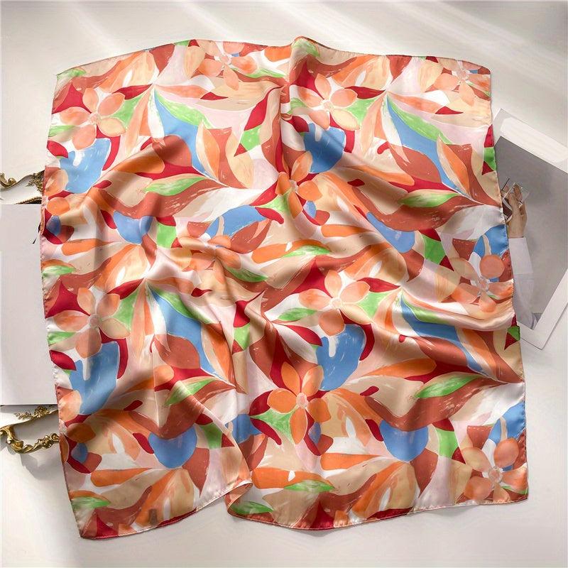 Flower Print Square Scarf Oil Painting Satin Bandana Neckerchief