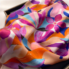 Flower Print Square Scarf Oil Painting Satin Bandana Neckerchief
