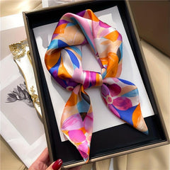 Flower Print Square Scarf Oil Painting Satin Bandana Neckerchief
