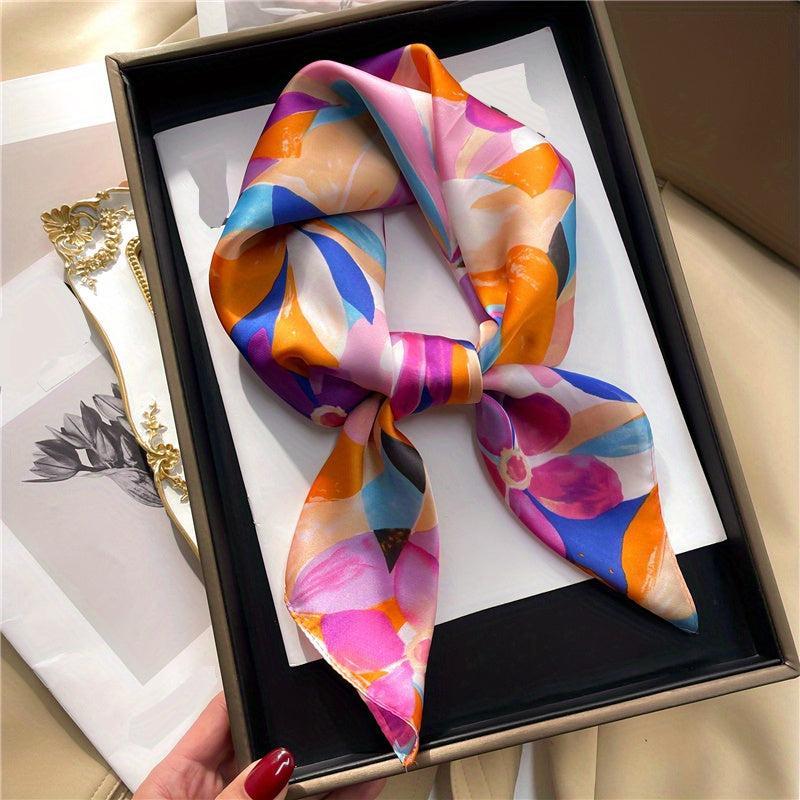 Flower Print Square Scarf Oil Painting Satin Bandana Neckerchief
