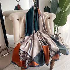 Geometric Print Large Satin Scarf Block Shawl Silk Windproof Head Wrap