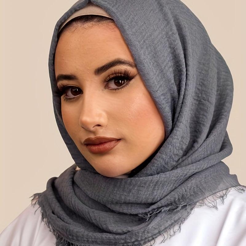 Soft Wrinkles Fringed Hijab Vintage Solid Turban Whisker Headscarf