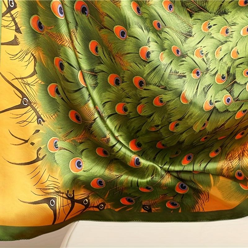 Peacock Print Bandana Classic Satin Square Scarf Vintage Shawl Women