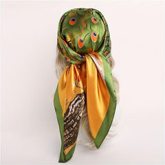 Peacock Print Bandana Classic Satin Square Scarf Vintage Shawl Women