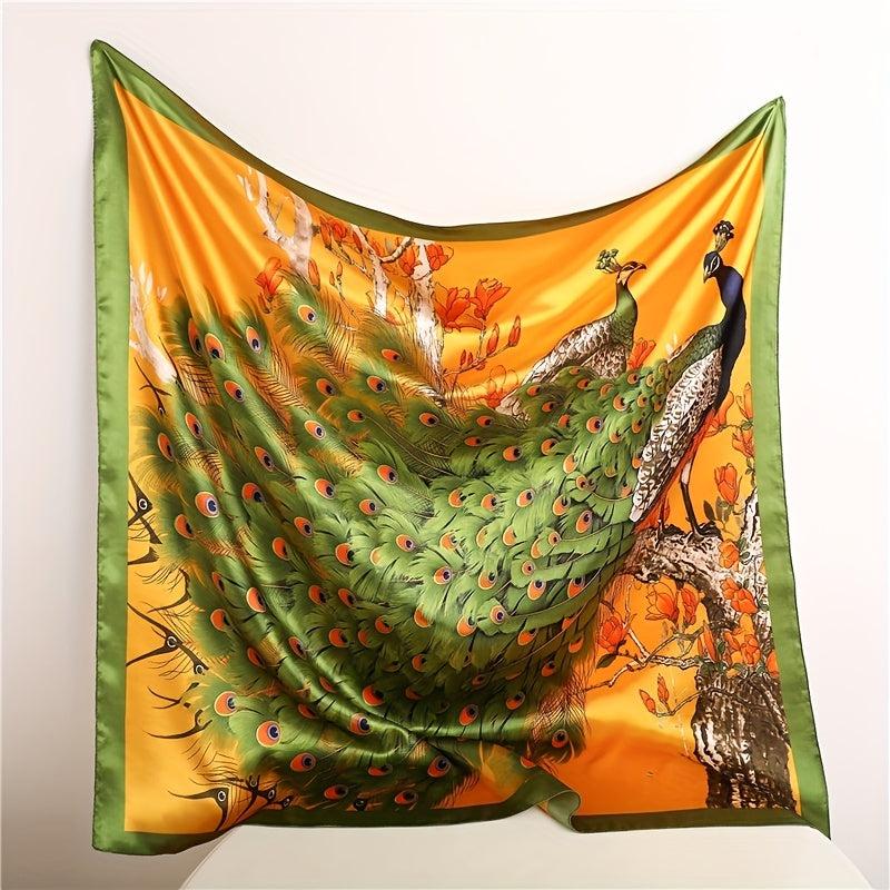 Peacock Print Bandana Classic Satin Square Scarf Vintage Shawl Women