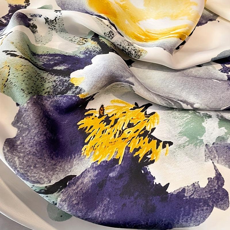 Flower Print Satin Scarf Beige Silk Shawl Casual Windproof Head Wrap