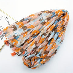 Kitty Printed Tassel Scarf Orange Cartoon Cat Shawl Women Sunscreen Headwrap