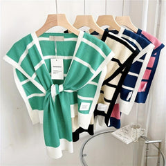 Striped Knitted Shawl Lace Up Cape Windproof Shawls False Collar