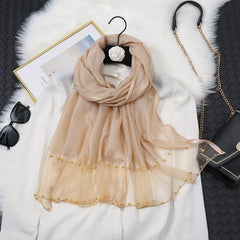 Silk Scarf Beads Decor Solid Splicing Sunscreen Shawl Casual Windproof Wrap
