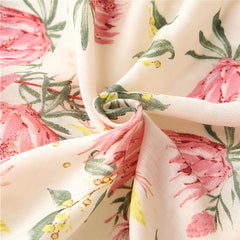 Vintage Pink Flower Print Scarf Cotton Beach Sunscreen Travel Shawl Tassel