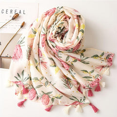 Vintage Pink Flower Print Scarf Cotton Beach Sunscreen Travel Shawl Tassel