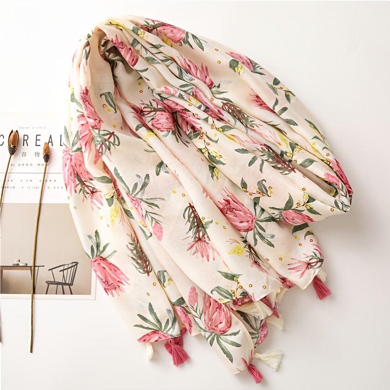 Vintage Pink Flower Print Scarf Cotton Beach Sunscreen Travel Shawl Tassel