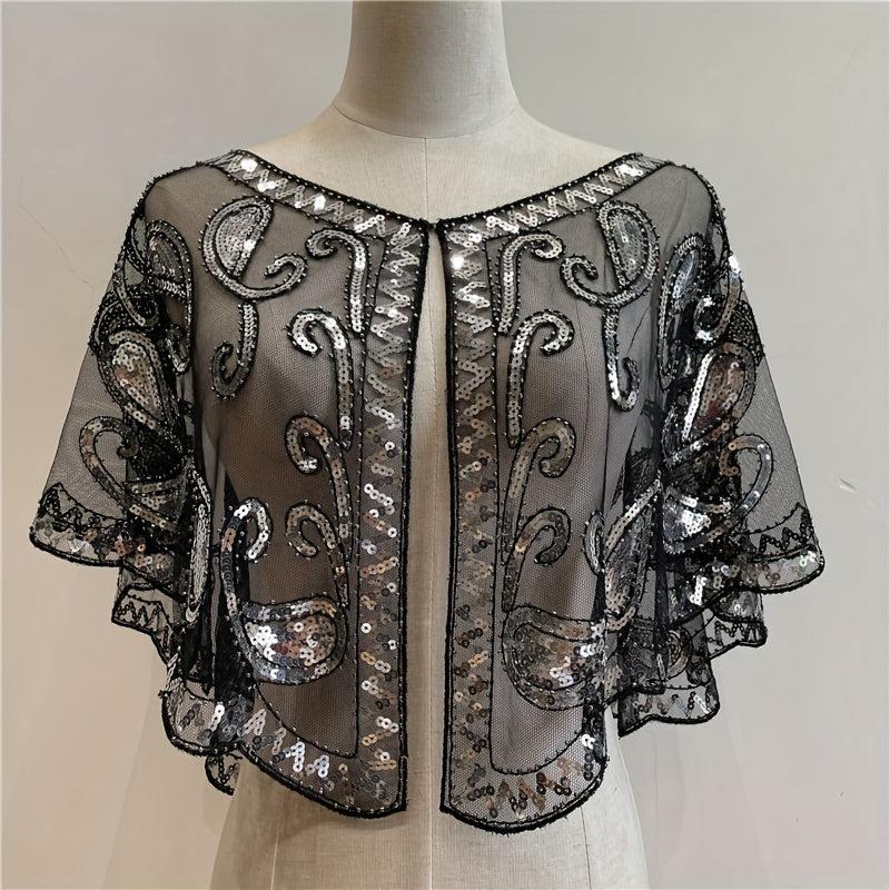 Sequin Embroidery Vintage Shawl Short Cape Mesh Cardigan Women Dress Accessories