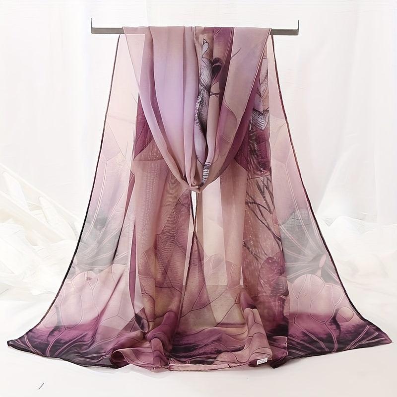 Vintage Lotus Print Chiffon Scarf Hijab Classic Gradient Shawl