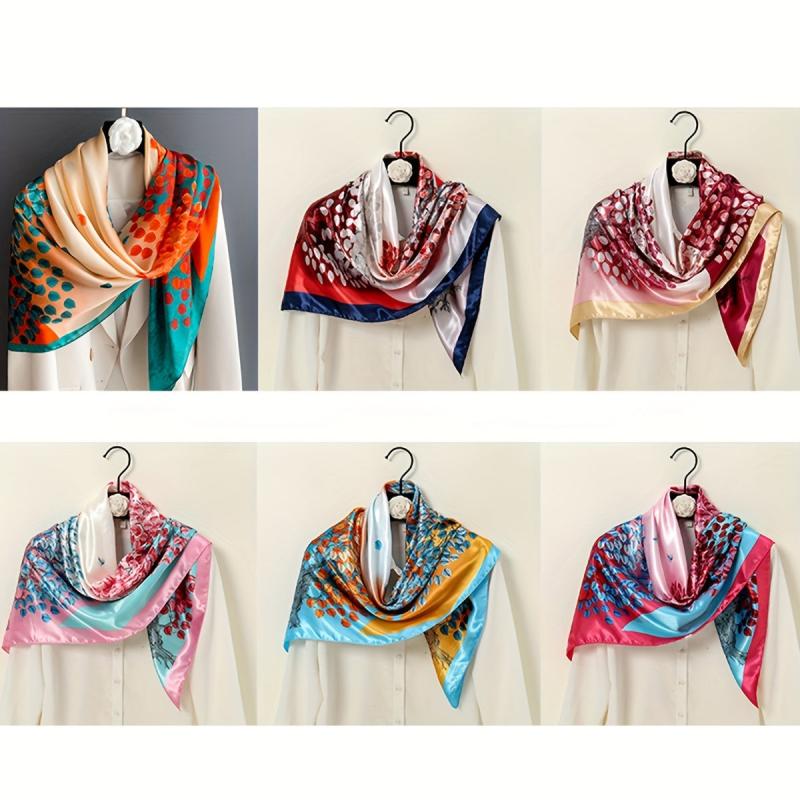Colorful Leaves Satin Print Square Scarf for Women
