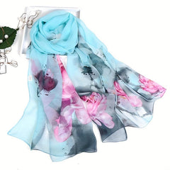 Women's Chiffon Silky Scarf Ink Lotus Lightweight Scarves Floral Print